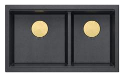 Chiuvetă de suprafață dublă Quadri Newport II din granit antracit 76x45 cm cu dop auriu 1208971364