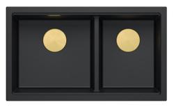 Chiuvetă dublă Quadri Newport II din granit negru, montare superioară, 76x45 cm cu dop de aur 1208971366