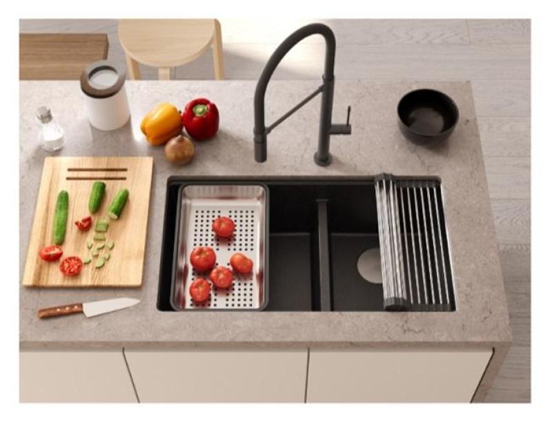 Chiuvetă dublă Quadri Newport II din granit antracit, montare sub blat 702 x 390 mm cu dop de cupru 1208971374