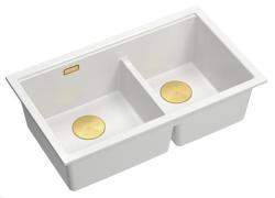 Chiuvetă dublă Newport II Quadri din granit alb, cu montare sub blat, 702 x 390 mm, cu dop de aur 1208971378