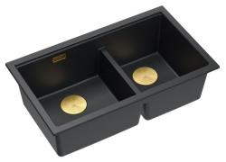 Quadri Newport II Chiuvetă dublă încorporată din granit negru 702 x 390 mm cu dop de aur 1208971381