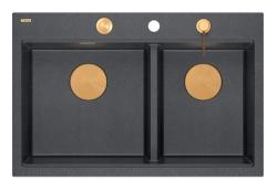 Chiuvetă dublă Quadri Hard Rock din granit antracit 76x50 cm cu dop de cupru și accesorii 1208971388