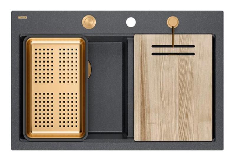 Chiuvetă dublă Quadri Hard Rock din granit antracit 76x50 cm cu dop de cupru și accesorii 1208971388