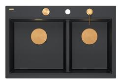 Chiuveta dublă Quadri Hard Rock din granit negru 76x50 cm cu dop de cupru și accesorii 1208971390