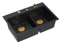 Chiuveta dublă Quadri Hard Rock din granit negru 76x50 cm cu dop de cupru și accesorii 1208971390