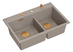 Chiuvetă de suprafață Quadri Hard Rock dublă în granit Taupe 76x50 cm cu dop de cupru și accesorii 1208971391