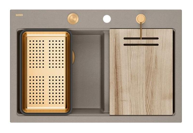 Chiuvetă de suprafață Quadri Hard Rock dublă în granit Taupe 76x50 cm cu dop de cupru și accesorii 1208971391