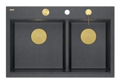 Chiuveta dublă Quadri Hard Rock din granit antracit de suprafață 76x50 cm cu dop de aur și accesorii 1208971393