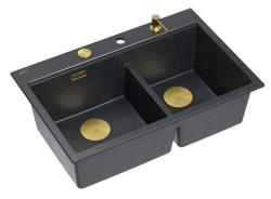 Chiuveta dublă Quadri Hard Rock din granit antracit de suprafață 76x50 cm cu dop de aur și accesorii 1208971393