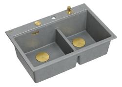 Chiuvetă dublă Quadri Hard Rock din granit gri, montare pe blat 76x50 cm, cu dop de aur și accesorii 1208971394