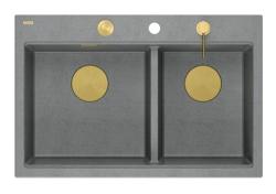 Chiuvetă dublă Quadri Hard Rock din granit gri, montare pe blat 76x50 cm, cu dop de aur și accesorii 1208971394
