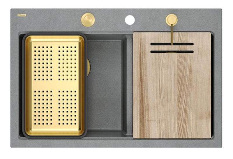 Chiuvetă dublă Quadri Hard Rock din granit gri, montare pe blat 76x50 cm, cu dop de aur și accesorii 1208971394