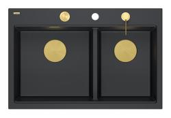 Chiuvetă dublă Quadri Hard Rock din granit negru, montare pe blat 76x50 cm cu dop auriu și accesorii 1208971395