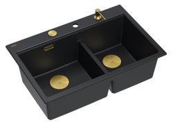 Chiuvetă dublă Quadri Hard Rock din granit negru, montare pe blat 76x50 cm cu dop auriu și accesorii 1208971395