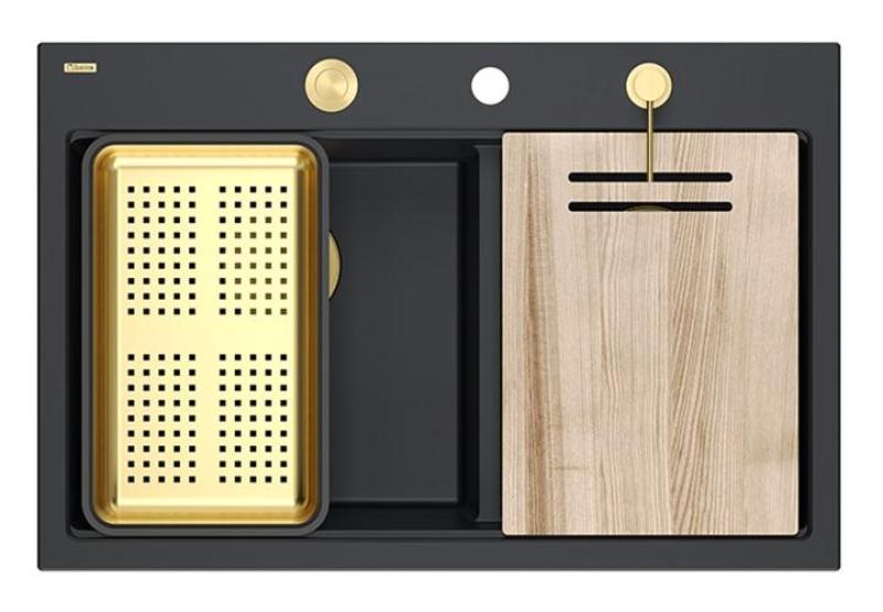 Chiuvetă dublă Quadri Hard Rock din granit negru, montare pe blat 76x50 cm cu dop auriu și accesorii 1208971395