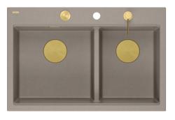 Chiuveta de suprafață Quadri Hard Rock dublă, culoare granit gri-taupe, 76x50 cm, cu dop de aur și accesorii 1208971396