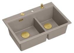 Chiuveta de suprafață Quadri Hard Rock dublă, culoare granit gri-taupe, 76x50 cm, cu dop de aur și accesorii 1208971396