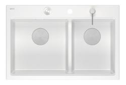 Chiuveta dublă Quadri Hard Rock din granit alb, montare la suprafață 76x50 cm, cu dop din inox și accesorii 1208971398