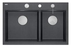 Chiuveta dublă Quadri Hard Rock din granit antracit, montare pe blat, 76x50 cm, cu dop din inox și accesorii 1208971399