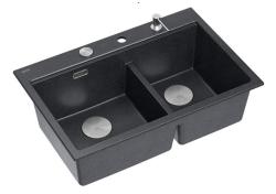 Chiuveta dublă Quadri Hard Rock din granit antracit, montare pe blat, 76x50 cm, cu dop din inox și accesorii 1208971399