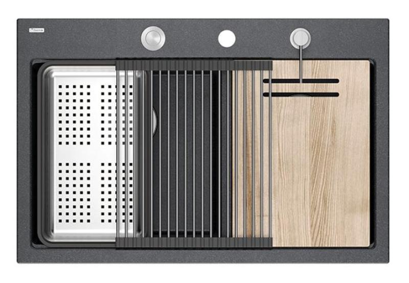 Chiuveta dublă Quadri Hard Rock din granit antracit, montare pe blat, 76x50 cm, cu dop din inox și accesorii 1208971399