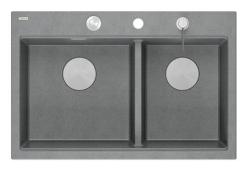 Chiuvetă dublă Quadri Hard Rock din granit gri, montare de suprafață, 76x50 cm, cu dop din oțel inoxidabil și accesorii 1208971400