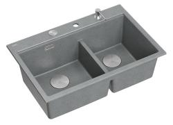 Chiuvetă dublă Quadri Hard Rock din granit gri, montare de suprafață, 76x50 cm, cu dop din oțel inoxidabil și accesorii 1208971400