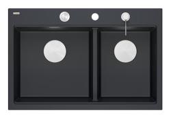 Chiuveta dublă Quadri Hard Rock din granit negru 76x50 cm cu dop din oțel inoxidabil și accesorii 1208971401