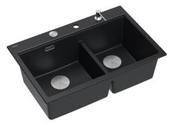 Chiuveta dublă Quadri Hard Rock din granit negru 76x50 cm cu dop din oțel inoxidabil și accesorii 1208971401