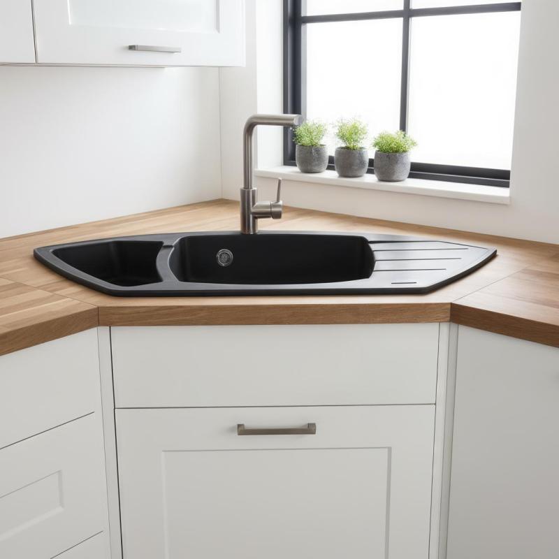 Graniteland Monte Granit negru Chiuveta de colț de suprafață 901x538mm cu Plug din oțel inoxidabil 1208971413