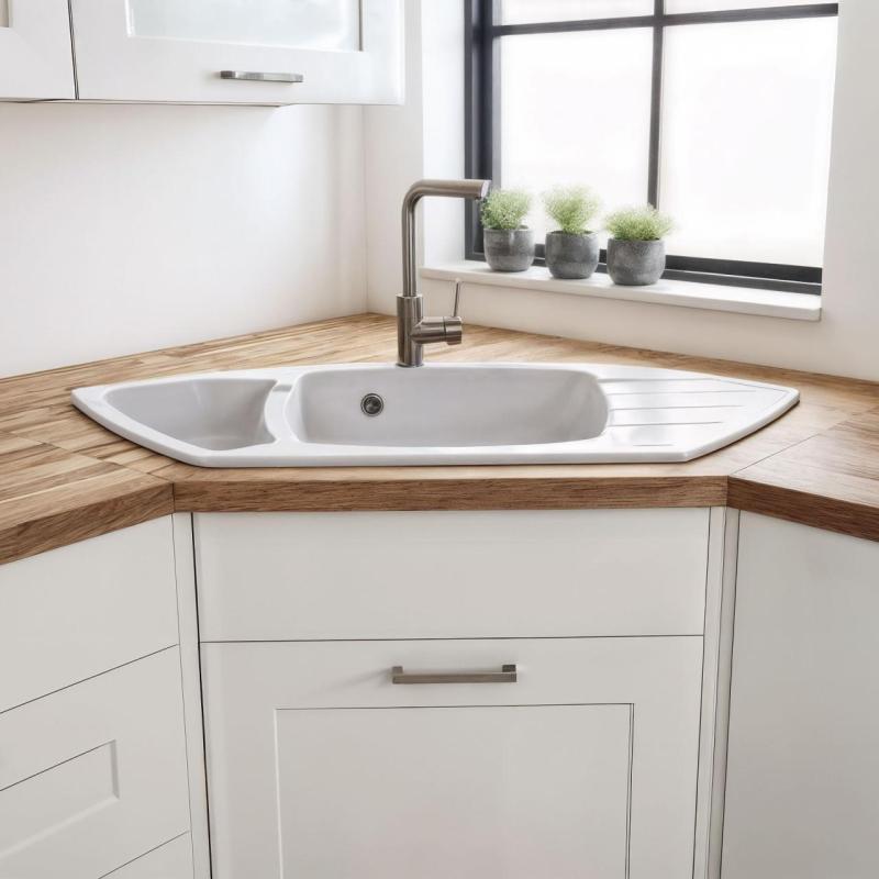 Graniteland Monte Chiuvetă de colț din granit alb, de suprafață 901x538mm cu plug din oțel inoxidabil 1208971415