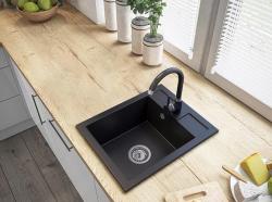 Graniteland Prest Chiuveta neagra din granit Tapwing cu orificiu pentru robinet, montare pe blat 400x500mm cu Plug din inox 1208971421