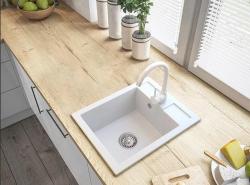 Graniteland Prest Chiuvetă albă din granit Tapwing cu orificiu pentru robinet, montare pe blat 400x500mm cu dop din oțel inoxidabil 1208971424