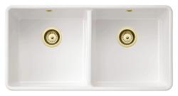 Ausmann Ceramic Mira Chiuvetă dublă ceramică albă - Montare sub și între 890 x 456 mm cu dopuri aurii 1208971471