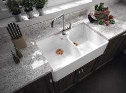 Ausmann Ceramic Mira Chiuvetă dublă ceramică albă - Submontare și Intermontare 793 x 450 mm cu gaură pentru robinet și dop de cupru 1208971477