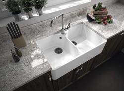 Ausmann Ceramic Mira Chiuvetă dublă ceramică albă - Submontaj și Intermediar 793 x 450 mm cu gaură pentru robinet și dop metalic Gun metal 1208971478