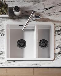 Ausmann Ceramic Ember Chiuveta ceramică albă de o jumătate și jumătate de suprafață și submontaj 535 x 400 mm cu dopuri metalice Gun 1208971508