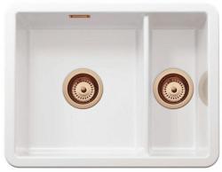 Ausmann Ceramic Ember Vas de bucătărie ceramică albă cu o cuvă și jumătate Montaj de suprafață și submontaj 495 x 370 mm cu dopuri de cupru 1208971514