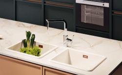 Ausmann Ceramic Ember Vas de bucătărie ceramică albă cu o cuvă și jumătate Montaj de suprafață și submontaj 495 x 370 mm cu dopuri de cupru 1208971514