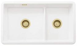 Ausmann Ceramic Ember Chiuvetă ceramică albă de unul și jumătate Încorporabilă și submontabilă 733 x 401 mm cu dopuri aurii 1208971518