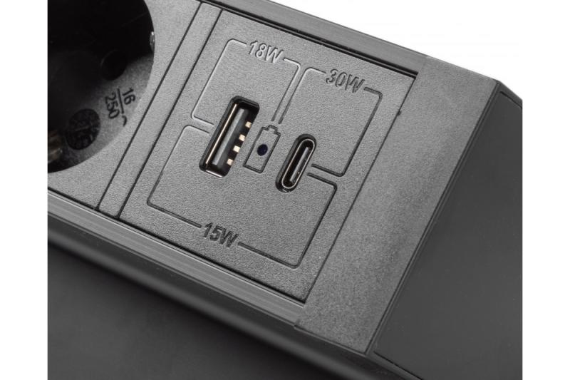 Priză mobilier BASCO, 3xSHUKO, USB A+C, cablu 1,5 m, negru