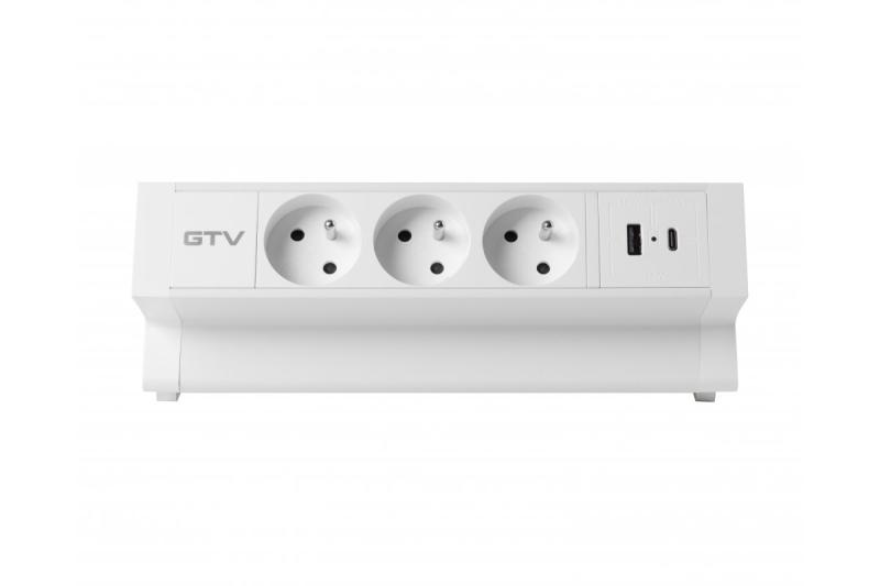 Priză mobilier Basco, 3 x priză cu împământare, USB A+C, cablu de 1,5m, alb cu montare