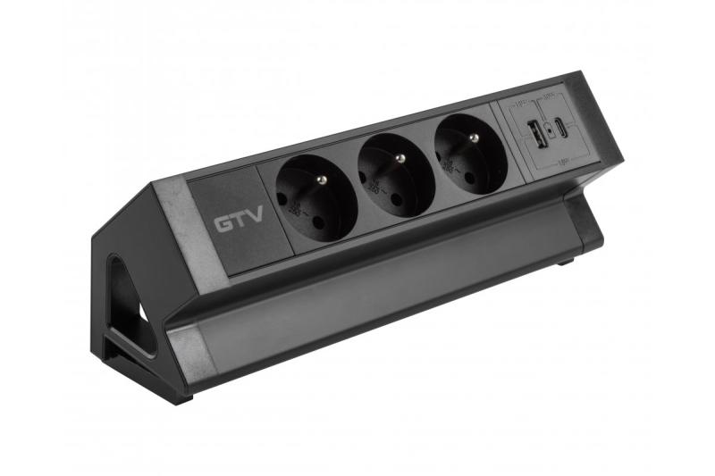 Priză mobilier Basco, 3 x priză cu împământare, USB A+C, cablu de 1,5m, negru cu montare