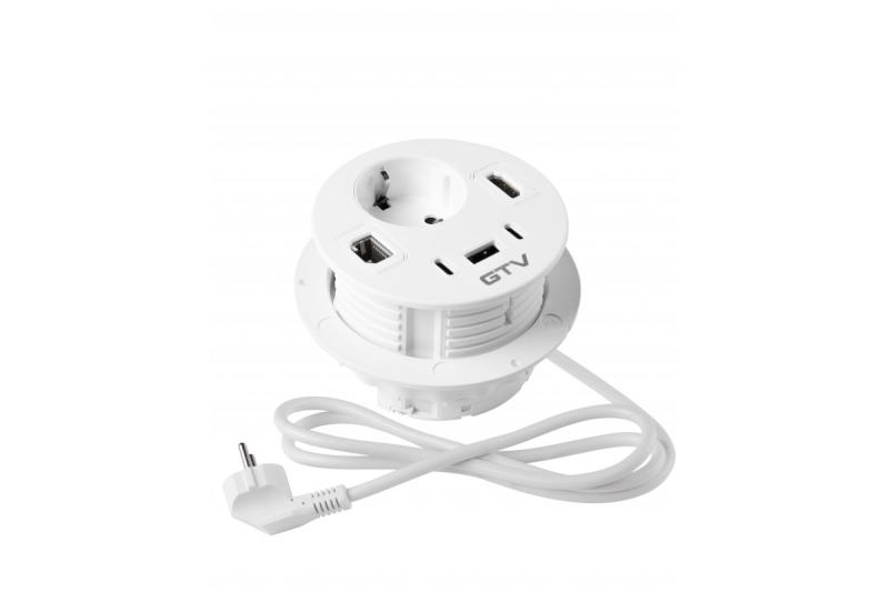Priză de mobilier RONDO, 1xSHUKO, 1xUSB-A, 2xUSB-C, HDMI, cablu RJ45 1.5 m, alb