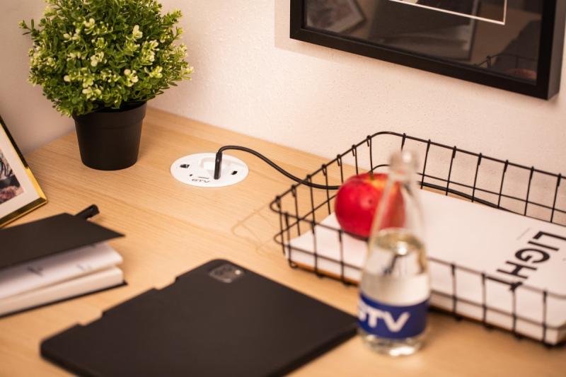 Priză de mobilier RONDO, 1xSHUKO, 1xUSB-A, 2xUSB-C, HDMI, cablu RJ45 1.5 m, alb