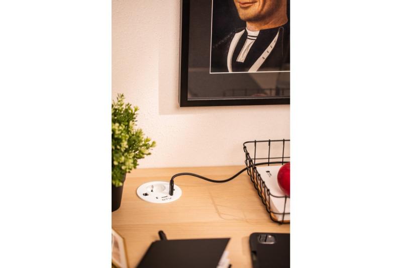 Priză de mobilier RONDO, 1xSHUKO, 1xUSB-A, 2xUSB-C, HDMI, cablu RJ45 1.5 m, alb