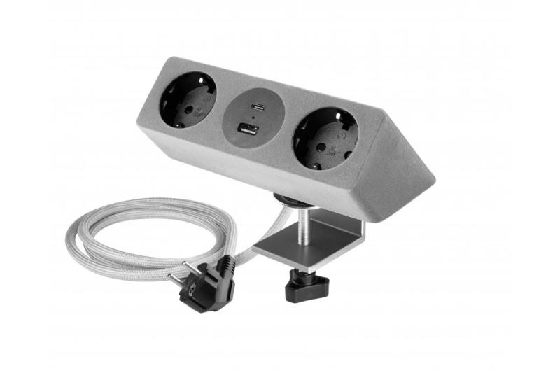 Priză pentru mobilier SOFITO, 2xSHUKO, USB A+C, cablu 1.5 m, gri catifelat