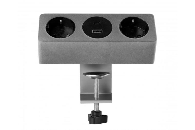 Priză pentru mobilier SOFITO, 2xSHUKO, USB A+C, cablu 1.5 m, gri catifelat