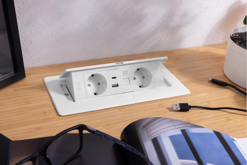 Priză de mobilier MULTISOFT, 2xSHUKO, USB A+C, RJ45, cablu 1,5 m, alb