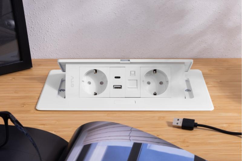 Priză de mobilier MULTISOFT, 2xSHUKO, USB A+C, RJ45, cablu 1,5 m, alb